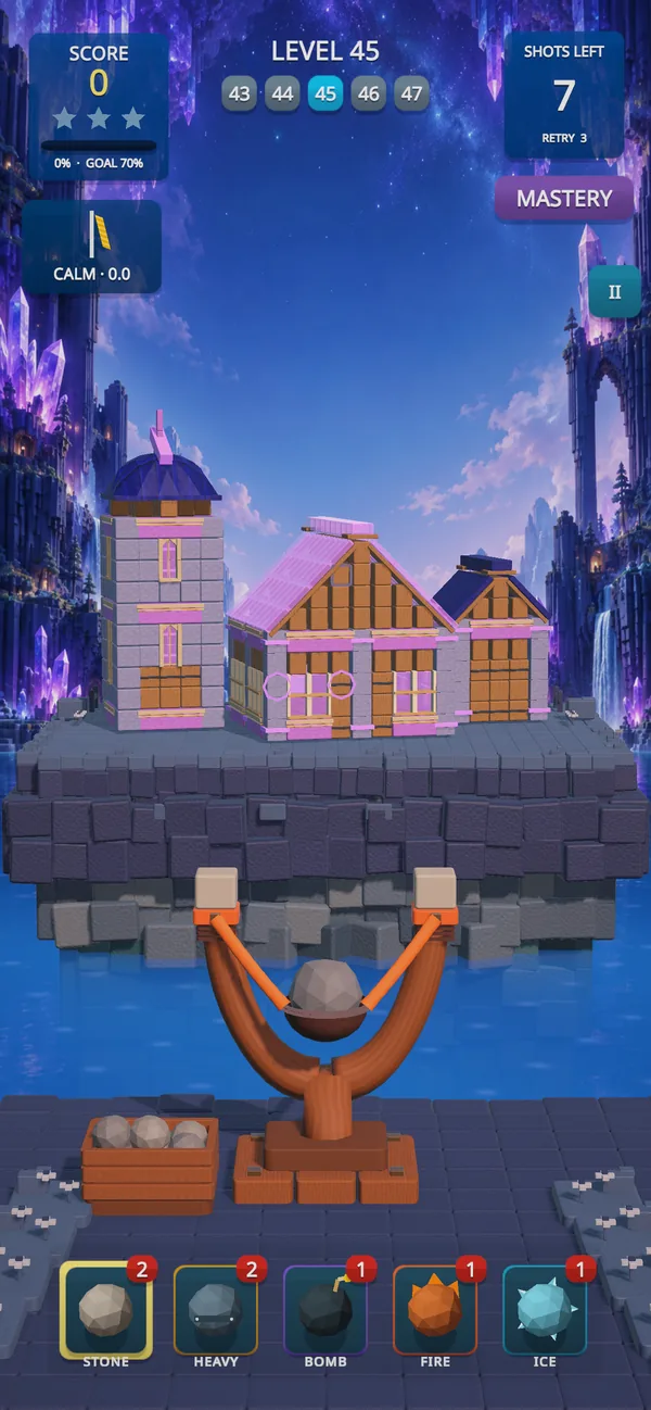 Level 45: castle puzzle in a blue and purple crystal setting.